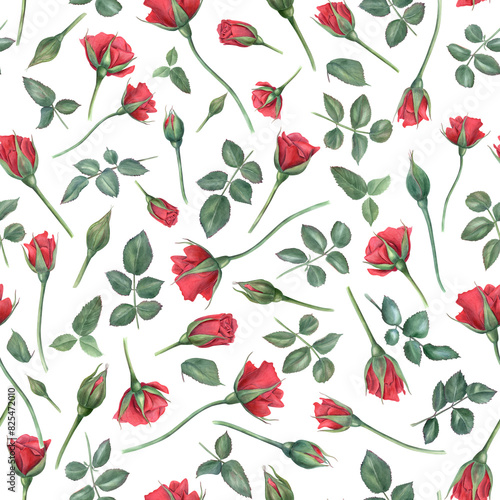 Ruby flowers and green leaves on stems. Red roses. Seamless pattern. Blooming summer garden flower with buds. Watercolor illustration. For wedding, memorial day, mother day design