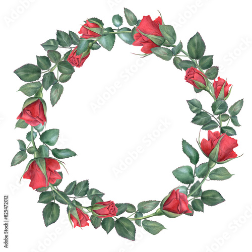 Roses. Wreath with rose branches in modern style. Dark red flower. Romantic deep ruby flowers. Watercolor illustration. Round frame with empty space for text. For wedding invitation
