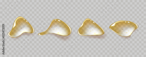 Gold Drops of transparent oil and gel texture. Swatches  of cosmetic serum with bubbles. Set of liquid cosmetic droplets, including glycerin and shampoo.