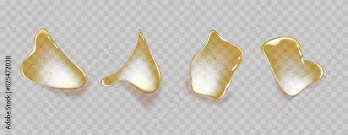 Gold Drops of transparent oil and gel texture. Swatches  of cosmetic serum with bubbles. Set of liquid cosmetic droplets, including glycerin and shampoo.