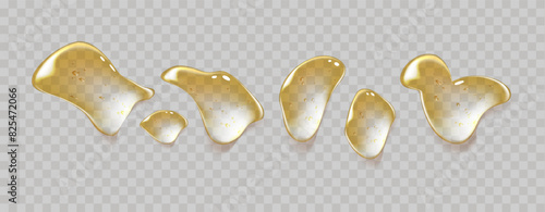 Gold Drops of transparent oil and gel texture. Swatches  of cosmetic serum with bubbles. Set of liquid cosmetic droplets, including glycerin and shampoo.