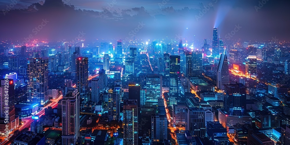 City at night with wireless network and connectivity technology concept, panorama