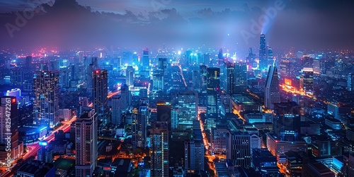 City at night with wireless network and connectivity technology concept, panorama