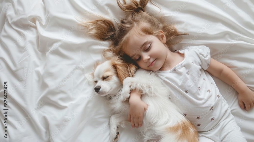 A little kid and a puppy dog in bed at home A little kid and a puppy dog in bed at home