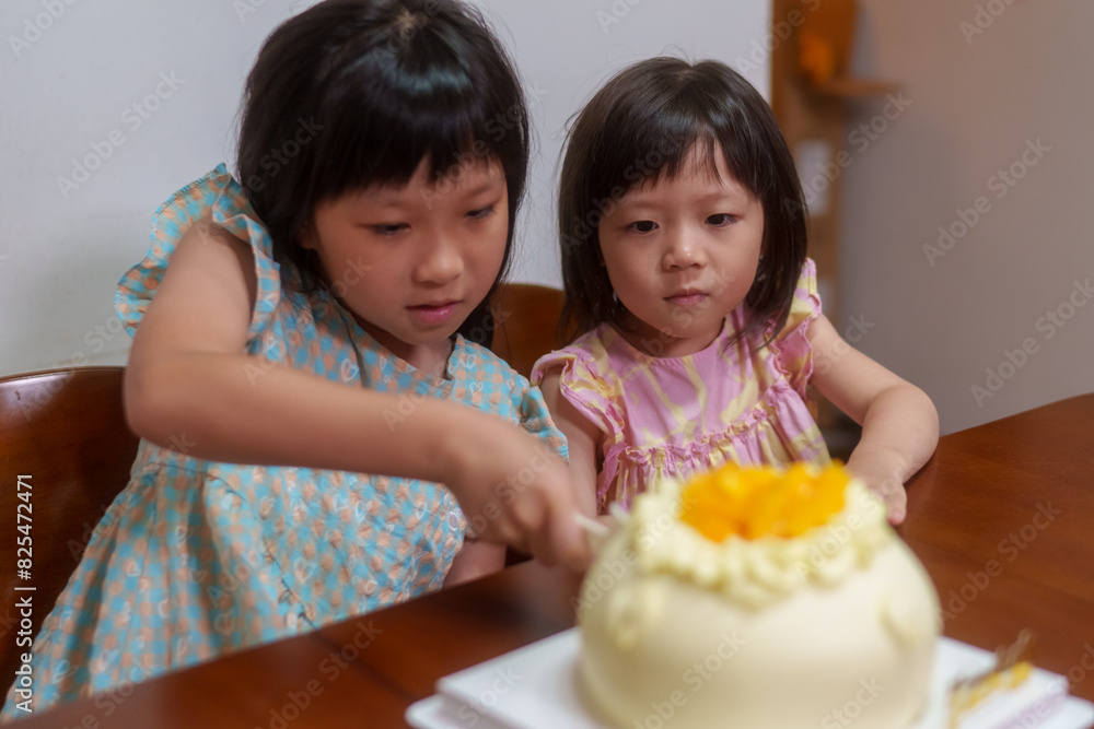 Asian little girls eating birthday cake