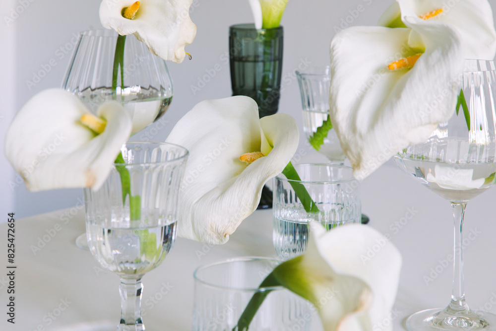 Composition with calla lilies in glasses on the white table Composition with calla lilies in glasses on the white table