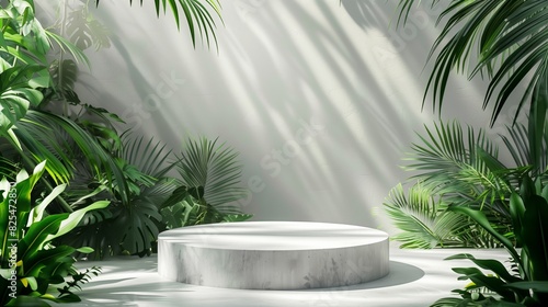 Concrete round podium with tropical leaves. Natural light  green foliage  modern design  background.