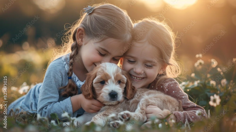 A kid holding a dog in arms in outdoor park A kid holding a dog in arms in outdoor park