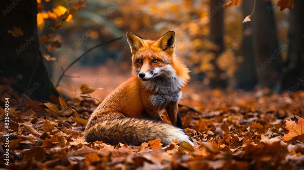 A Vivid Orange Fox Sitting Amidst Autumn Leaves in a Deep Forest A Vivid Orange Fox Sitting Amidst Autumn Leaves in a Deep Forest