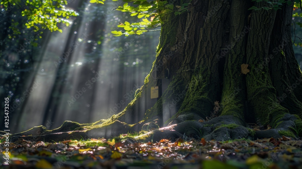 Sunlight through ancient tree roots in a forest