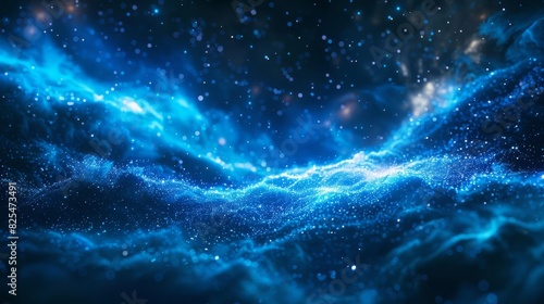 Nebula of neon blue sparkles, drifting in a serene void photo