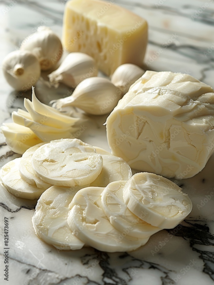 Close Up of Sliced Cheese and Garlic on Table Close Up of Sliced Cheese and Garlic on Table