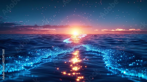 Blue tide of glowing pixels washing over a serene virtual beach photo