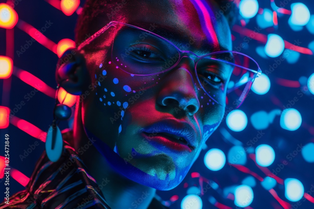 Striking portrait of a person with paint splatters on their face, illuminated by neon lights that blend a retro vibe with a modern, futuristic aesthetic Striking portrait of a person with paint splatters on their face, illuminated by neon lights that blend a retro vibe with a modern, futuristic aesthetic