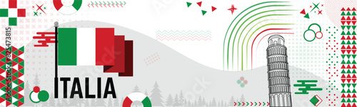 Italy national day celebration banner 2nd June. Italy flag and pisa tower geometric shapes or elements in Italian flag colors in the background. Vector graphic template in italia flag colors