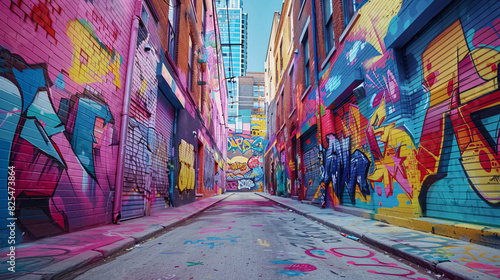 An urban alleyway scene with abstract graffiti covering the walls, showcasing the vibrant and eclectic nature of street art