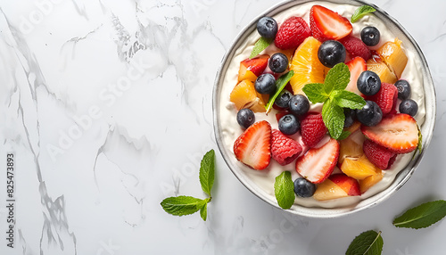 Delicious fruit salad with yogurt on light table photo