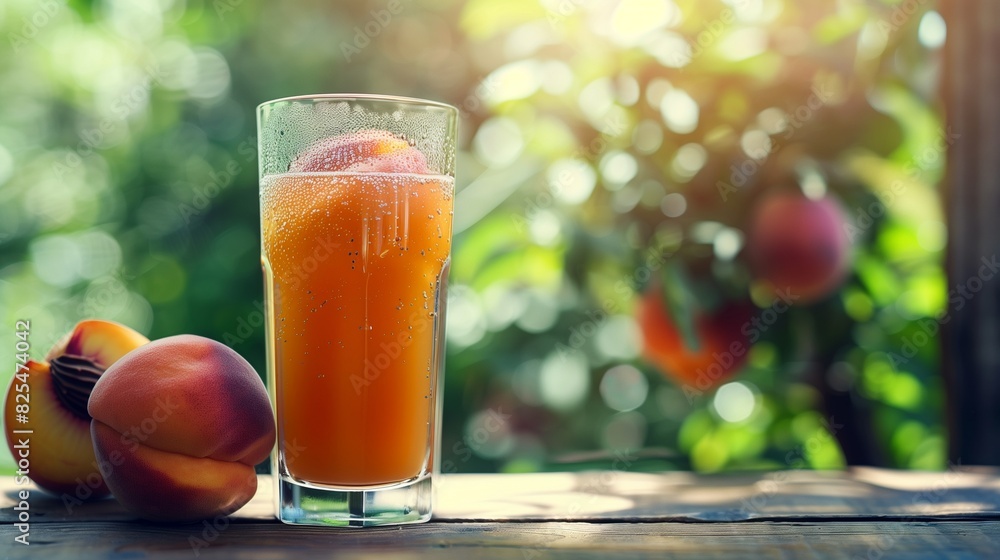 Chilled Peach Juice in Glass, Fuzzy Texture, Blurred Background of a Sunny Terrace, Ideal for Refreshing Drink Ads