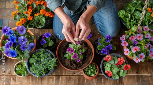 Person Kneeling Down in Front of Potted Plants