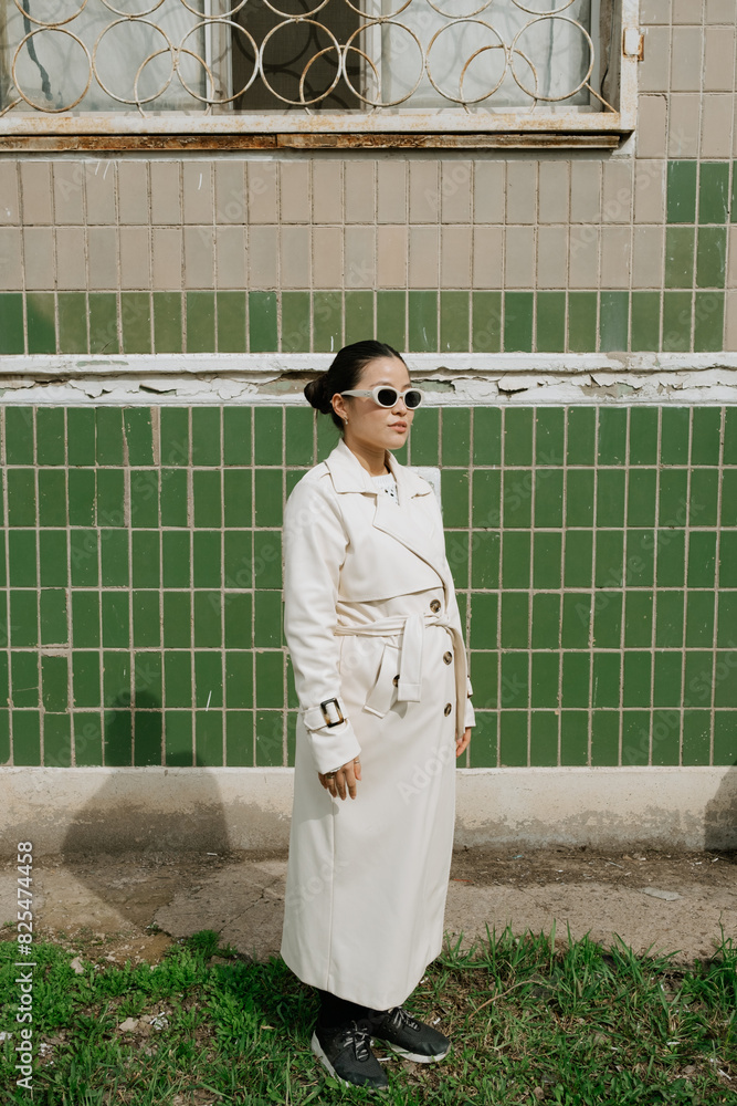 © Azamat Mukanov/Stocksy - Asian woman in sunglasses poses against a green wall background