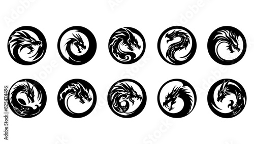 Vector illustration set of round tribal dragon black and white. Abstract silhouette shape circle and collection mythology ornate monster face. Emblem head reptile