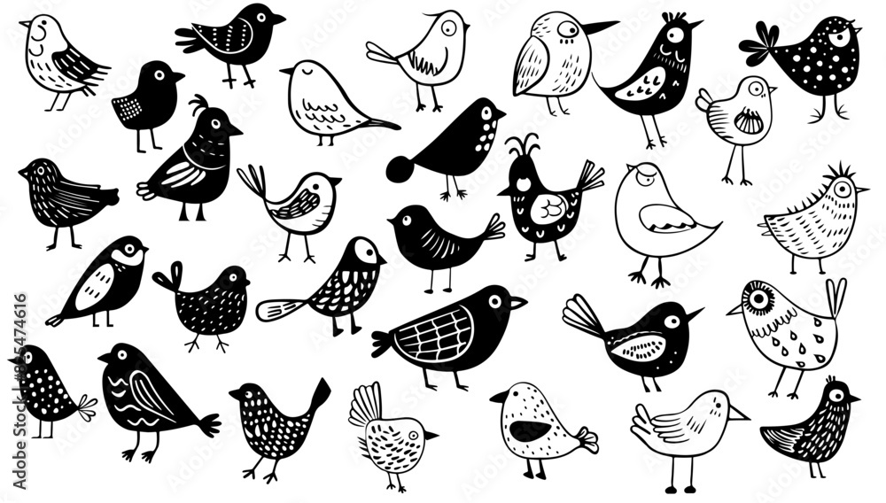 Vector black and white hand-drawn childish set with various cute contour birds. Illustration doodle cartoon animal art. Outline collection sketch simple element. Pencil drawing scribble line Vector black and white hand-drawn childish set with various cute contour birds. Illustration doodle cartoon animal art. Outline collection sketch simple element. Pencil drawing scribble line