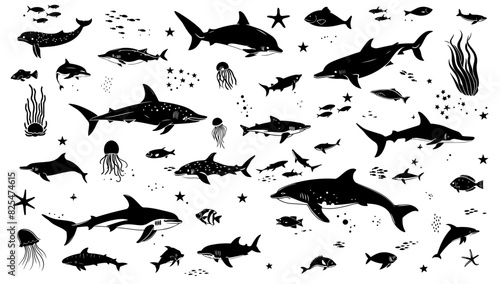 Big set of black white silhouette isolated sea ocean north animals vector illustration. Wildlife arctic cartoon symbol and underwater life. Exotic collection dolphin and jellyfish nature
