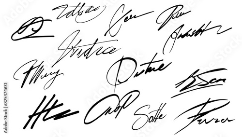 Collection of vector signatures fictitious Autograph illustration. Contract document handwriting scribble pen and agreement sign doodle. Elegance signing text sketch fake and perfection photo