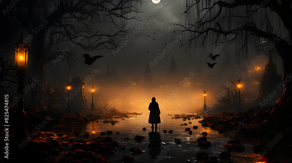 Fototapeta premium Many lit candles in a spooky dark town with a person