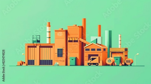Flat solid color illustration with no gradient: tangerine orange recycling facility on mint green background--Waste Management and Recycling Innovations photo