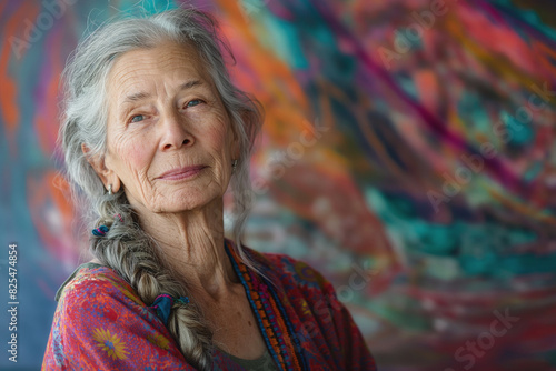 An older woman with grey hair is depicted against a vibrant and colorful background.