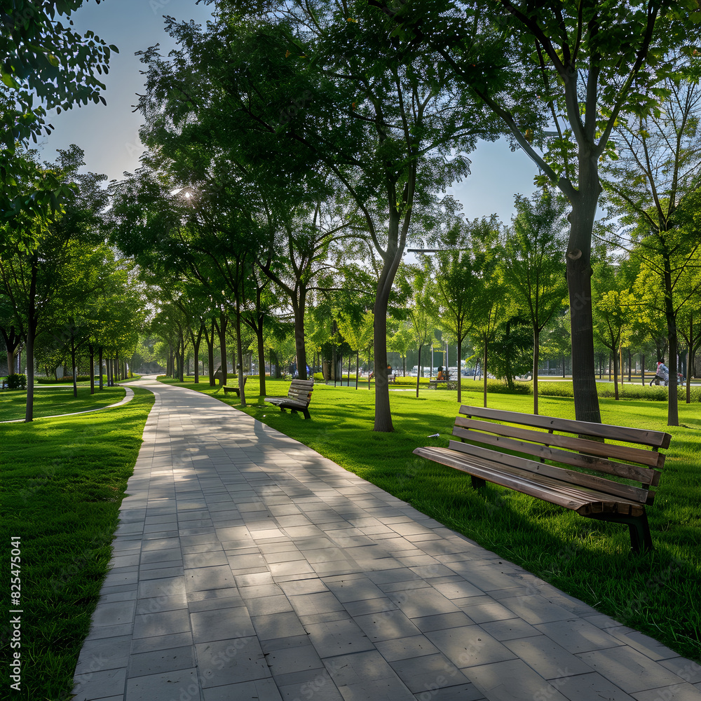 Tranquil Modern Recreational Park with Greenery, Benches, and Shaded Pathways for Community Relaxation and Leisure Activities
