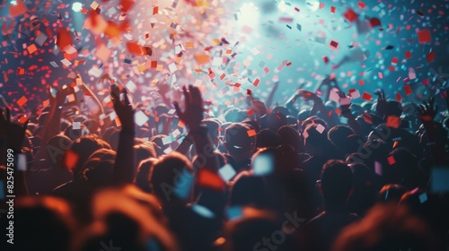 Mesmerizing double exposure of confetti over concert crowd