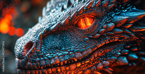 Close-Up Portrait of a Fierce Fire-Breathing Dragon with Glowing Orange Eye in a Dark Fiery Setting photo