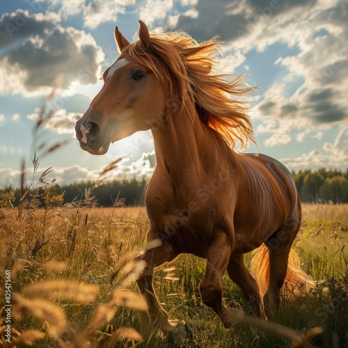 Horse Running Through Grass Field Under Cloudy Sky