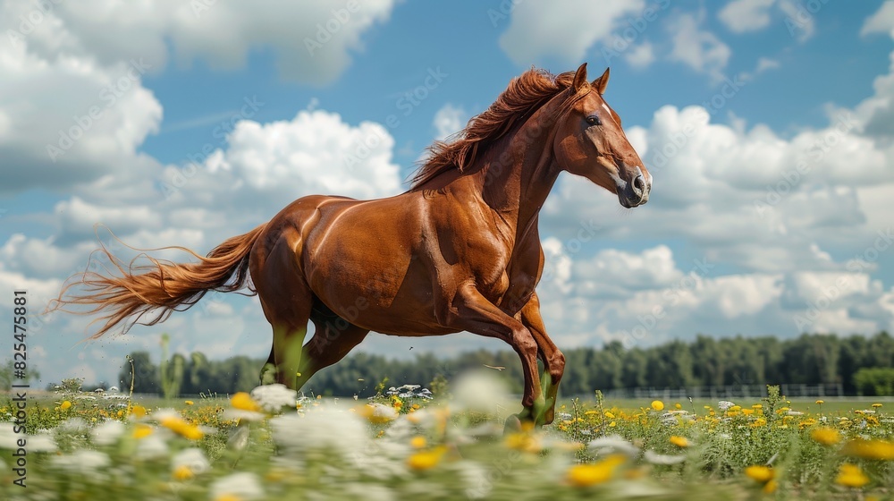 Brown Horse Galloping Through Field of Flowers Stock Photo | Adobe Stock