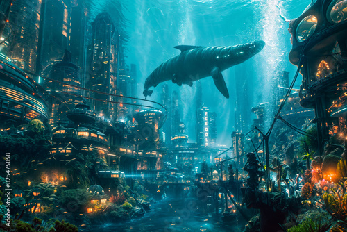 Futuristic underwater city with vibrant neon lights and a majestic whale swimming above, showcasing advanced architecture and serene marine life