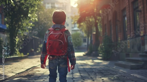 Boy with backpack going to school. The new academic semester year start with friend at school background  photo