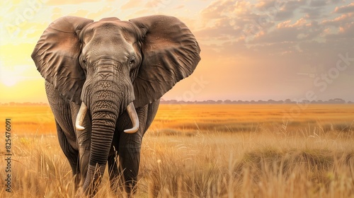Noble Elephant in African Savannah - Super Realistic 2D Illustration with Copy Space for Text. Iconic African Landscape Frames the Majestic Creature. Warm Earthy Tones.
