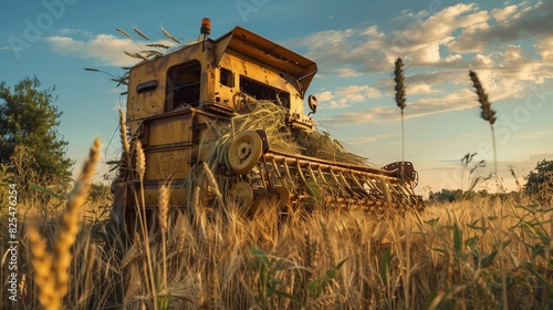 Realistic picture of a golden wheat thresher entangled in tall grasses on an overgrown farm photo
