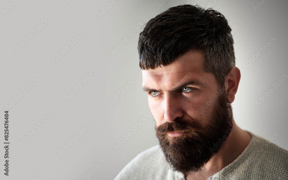 Obraz premium Bearded man. Beard Care. Facial Hair. Beard Styles and Male Grooming. Facial Hair Trends. Beard Beauty Care Products. Cosmetics for bearded man with mustache. Sexy man with Long Beard.