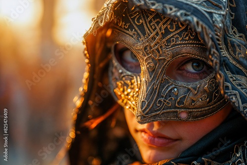 Woman in Hooded Cloak Wearing Ornate Golden Mask at Sunset photo
