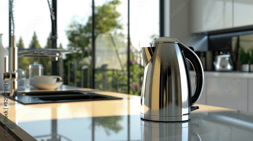Contemporary electric tea kettle placed on kitchen table Contemporary electric tea kettle placed on kitchen table