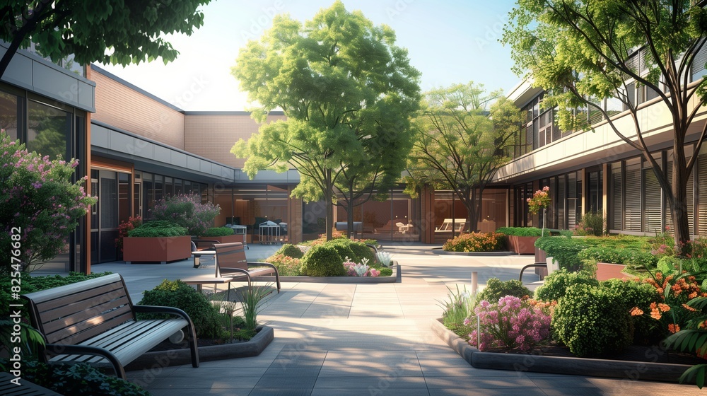 Serene Hospital Courtyard - Hyper-Realistic 2D Illustration with Copy Space for Text. Peaceful Outdoor Space for Patients and Visitors to Enjoy Fresh Air. Tranquil Garden Setting.