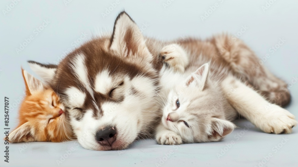Portrait of a Husky dog sleep with a cat over plain background Portrait of a Husky dog sleep with a cat over plain background
