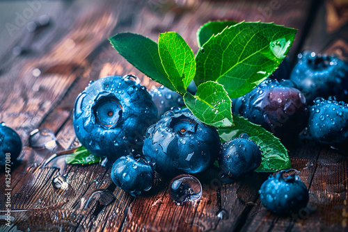 Blueberries lie on a wooden table. Juicy blueberries. Ripe berries. photo