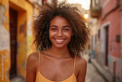 A woman with curly hair is smiling and wearing a yellow dress. She is standing on a street with graffiti on the walls Free Download A woman with curly hair is smiling and wearing a yellow dress. She is standing on a street with graffiti on the walls - GFXLoad