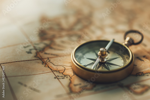 Close-up of an antique brass compass lying on a vintage world map, symbolizing navigation, exploration, travel, and discovery with a warm, nostalgic glow hinting at past adventures