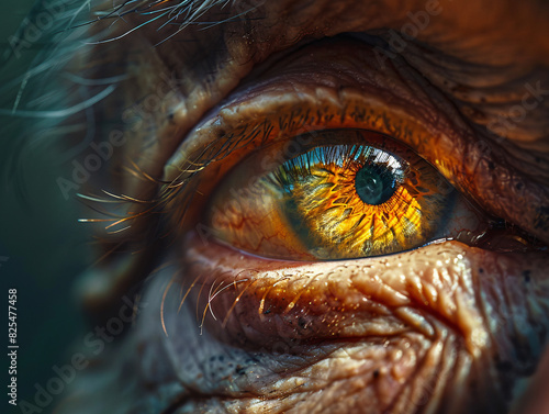 Close-up Macro Photography of Elderly Man s Eye with Detailed Wrinkles and Vividly Colored Iris Pattern  Highlighting Human Aging and Intricate Eye Texture 