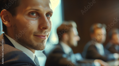 Close-Up Portrait of Happy Young Businessman in Meeting | Side View, Team Collaboration, Professional Setting photo